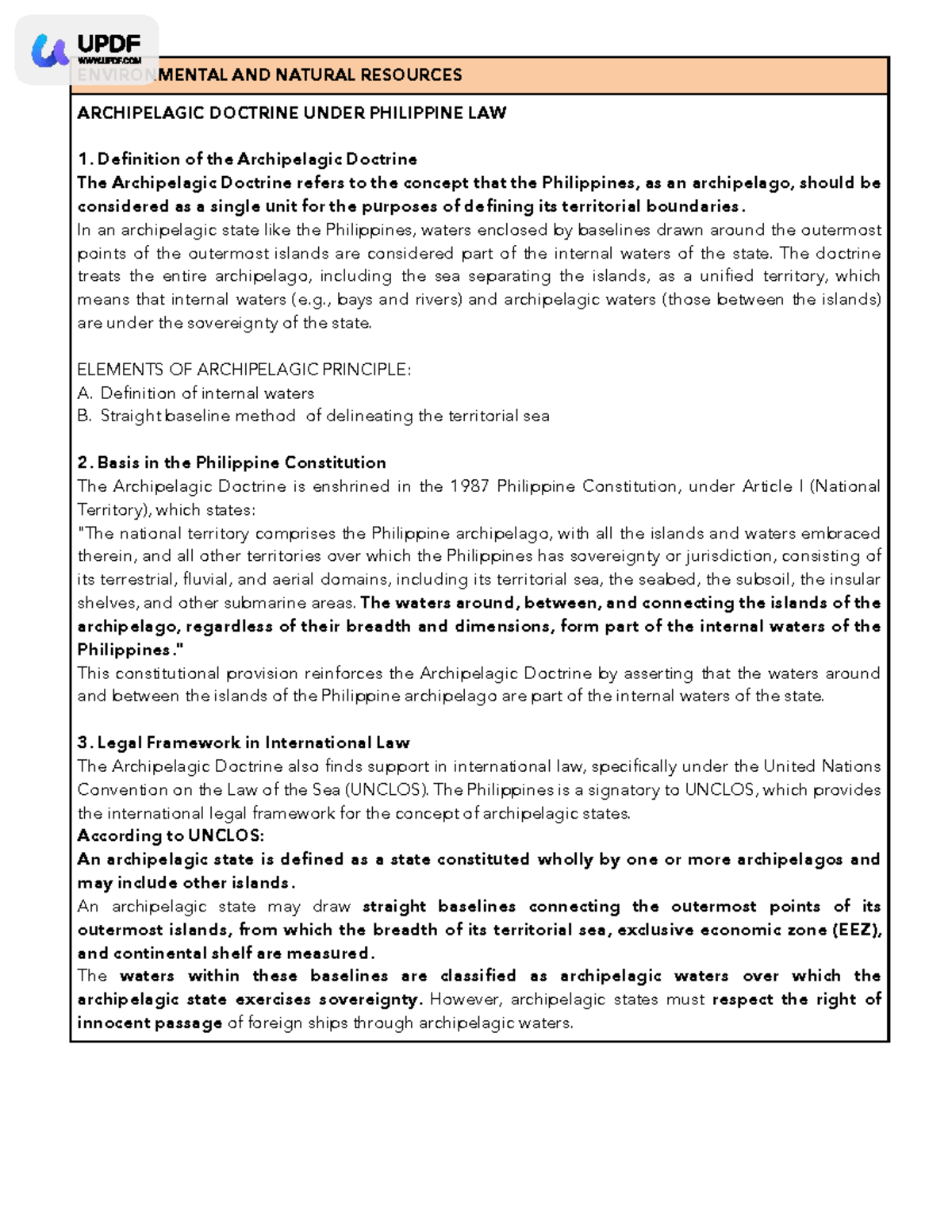 Philippine Law on Archipelagic Doctrine: Natres Notes Extract - Studocu