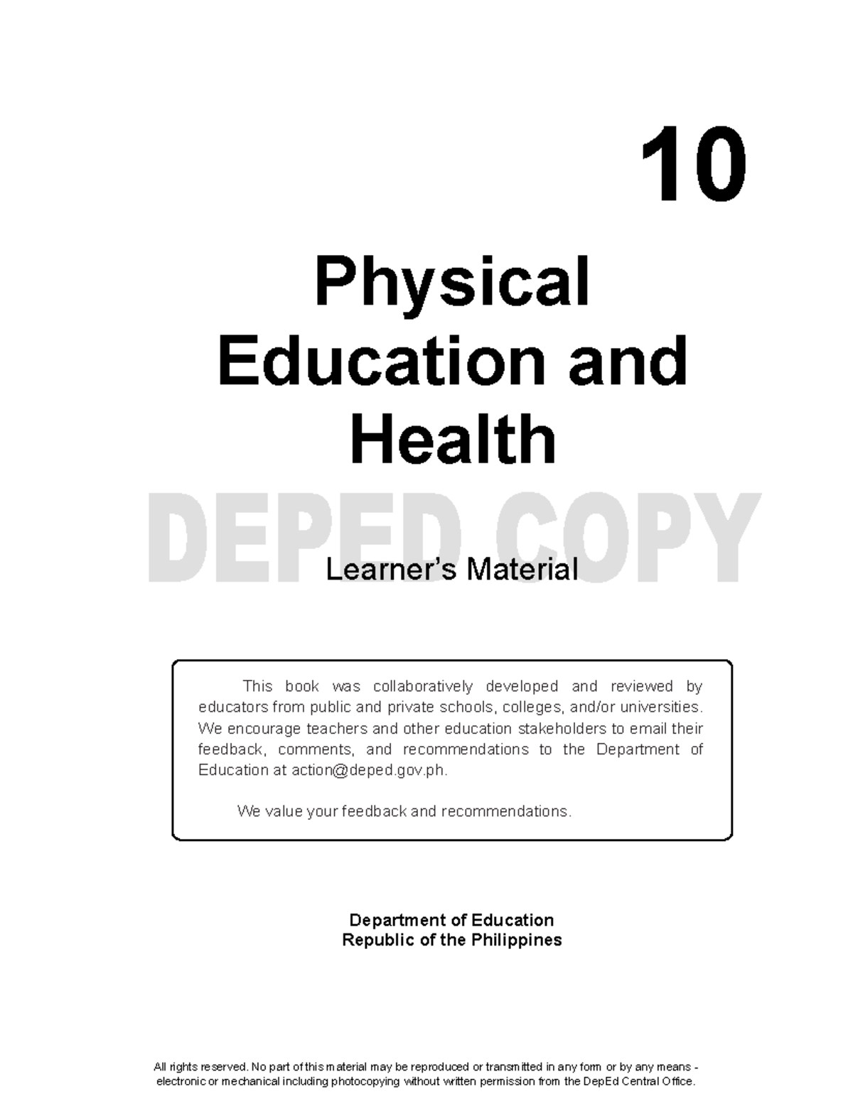 Grade 10 Physical Education and Health Learner's Material Notes - Studocu