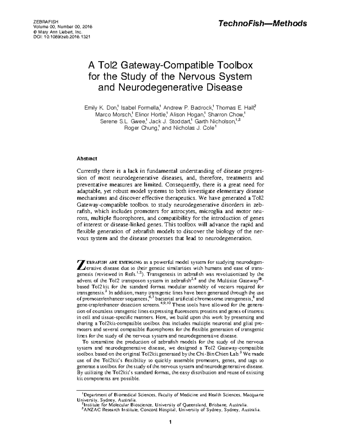 A Tol2 Toolbox for Zebrafish Models of Neurodegenerative Disease - Studocu