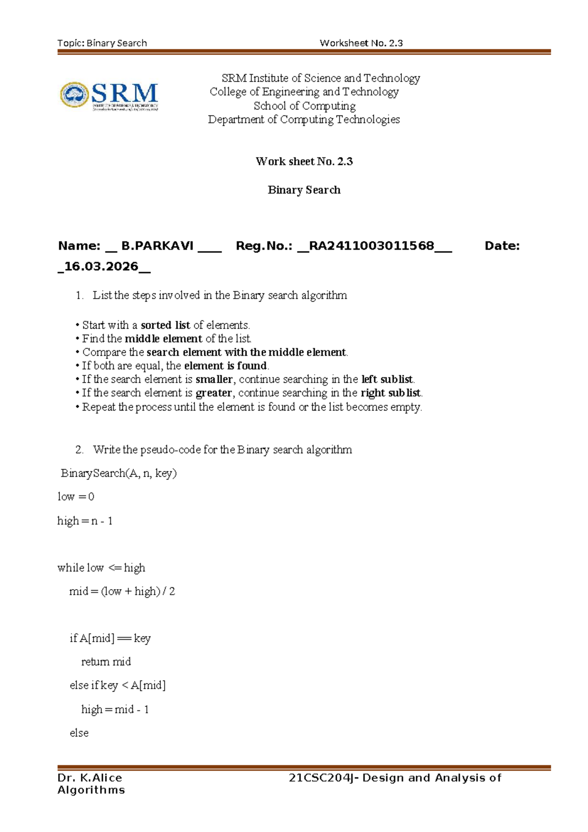 Binary Search Worksheet No. 2.3 - Algorithms Design and Analysis - Studocu