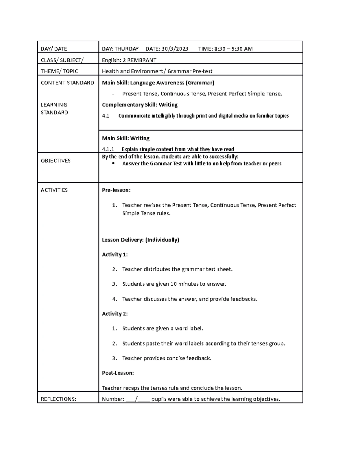 Lesson plan for English class 2 Bestari: Reading and writing on ...