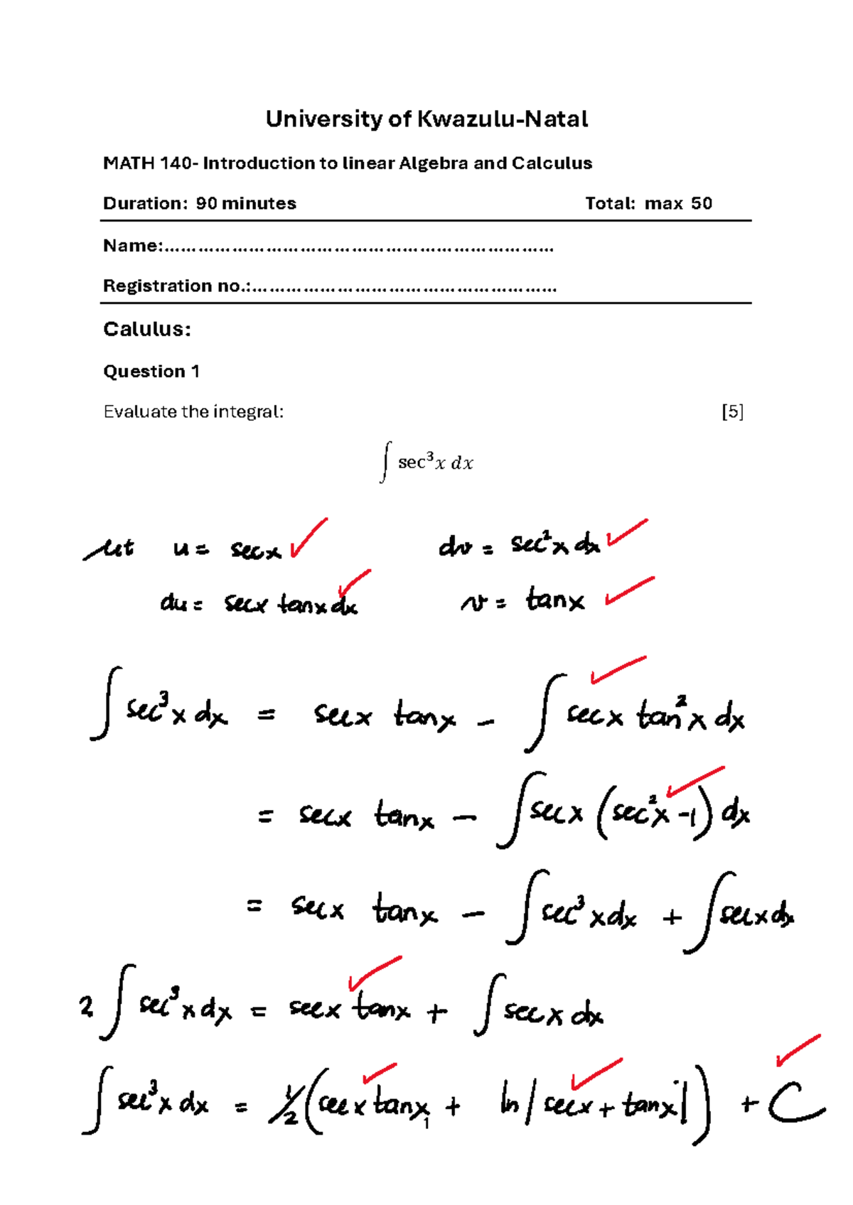 MATH 140 - Test 3 Memo 2026: Integrals & Linear Algebra Solutions - Studocu