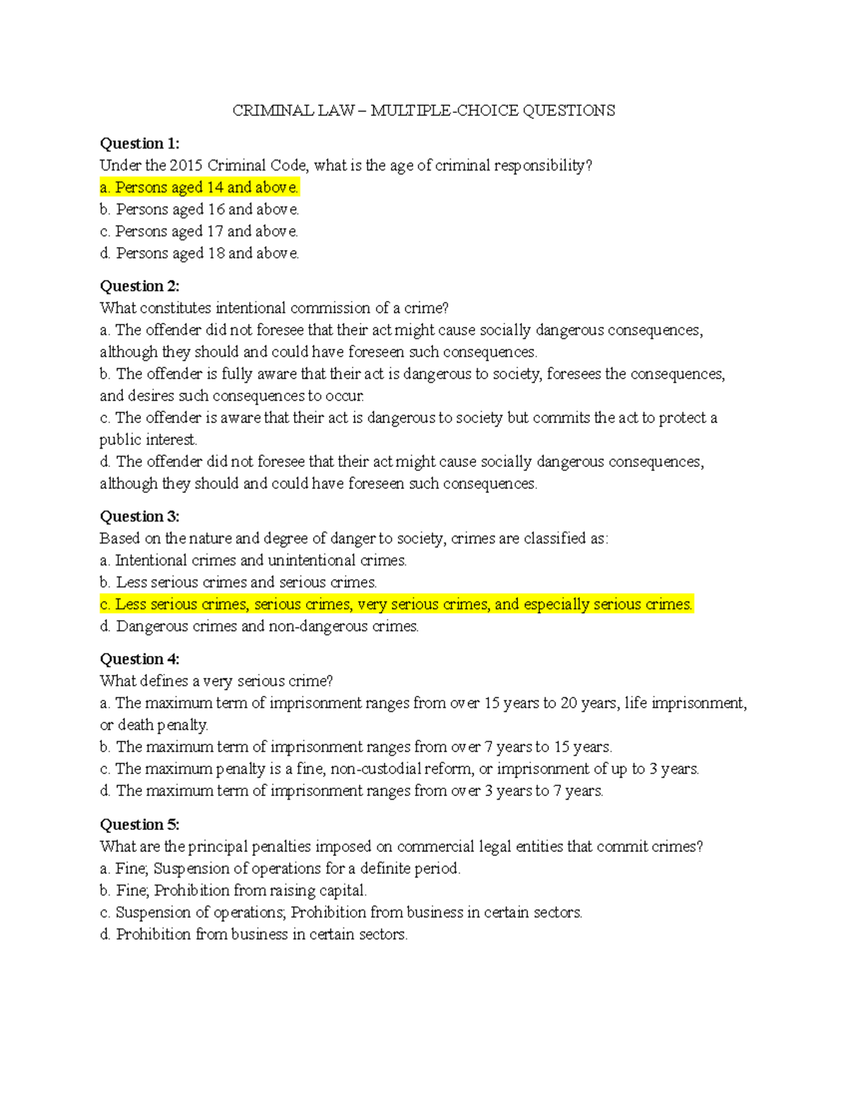 MCQs in Criminal Law (CRIM 101) - Key Concepts and Principles - Studocu