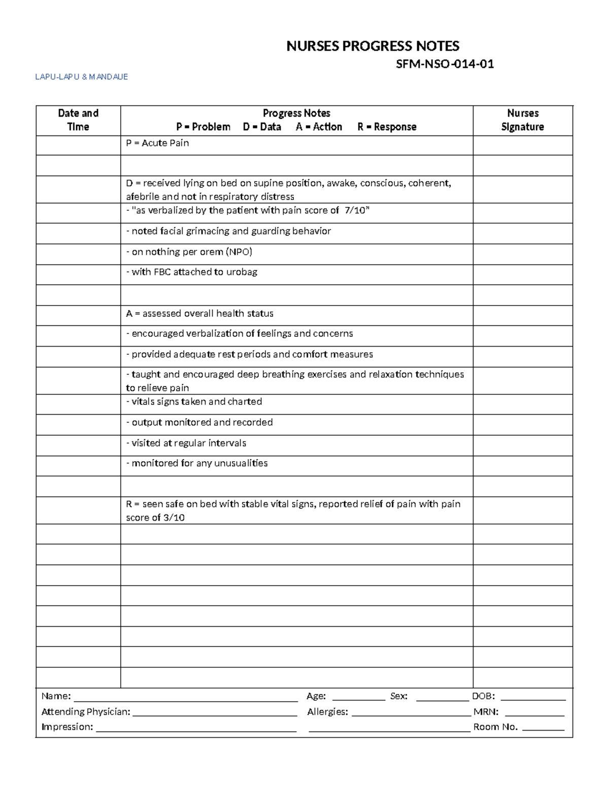 NUR 101: FDAR Progress Notes on Acute Pain Management - Studocu