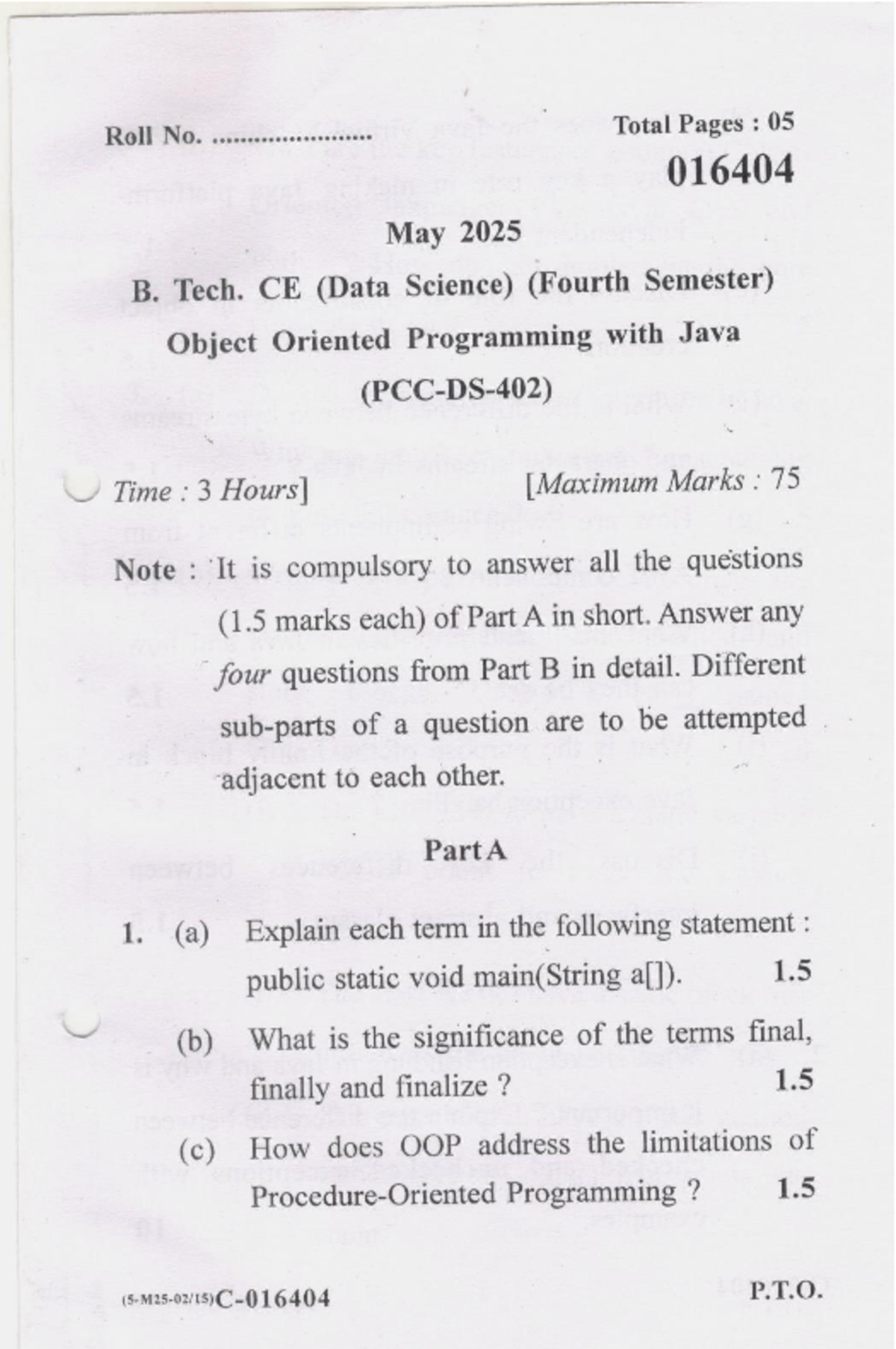 B. Tech. CE (Data Science) OOP with Java - May 2025 Exam Questions ...