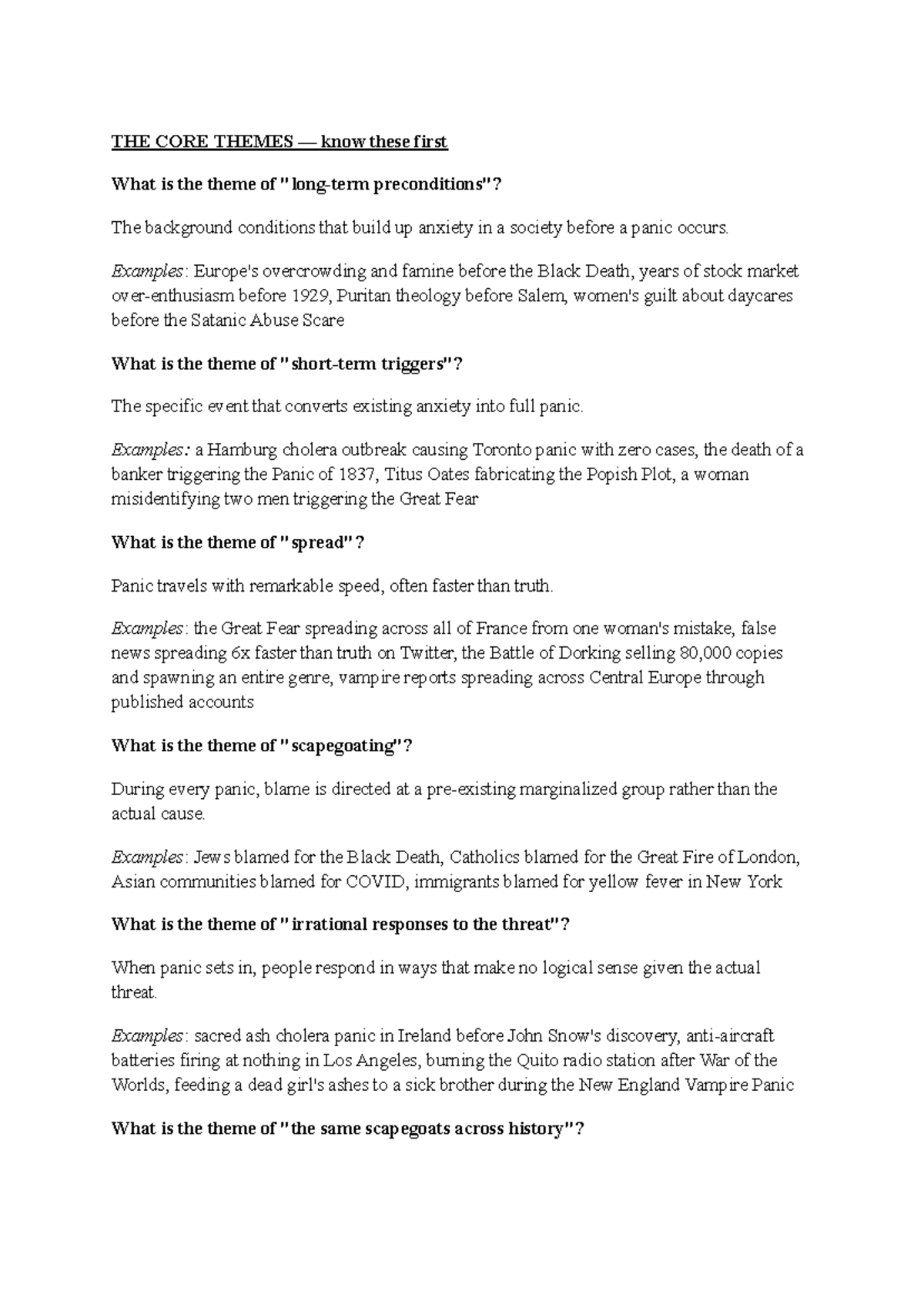 History Study Guide: Themes of Panic and Scapegoating in Society - Studocu
