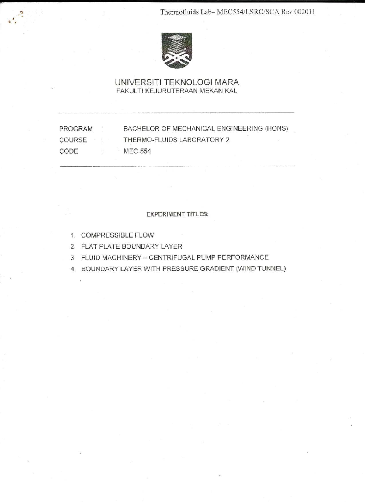 MEC 554 Lab 2: Compressible Flow Experiment Notes - Studocu