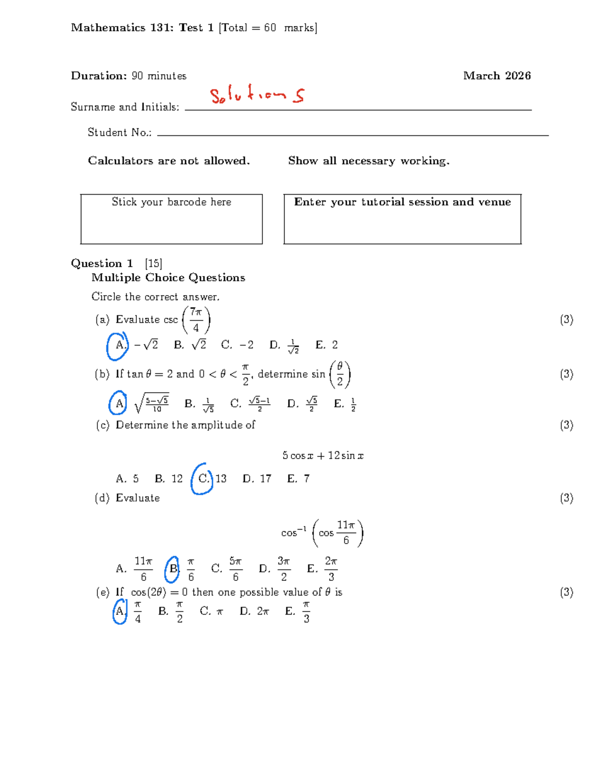 MATH131 Test 1 2026 Solutions and Working Guide - Studocu