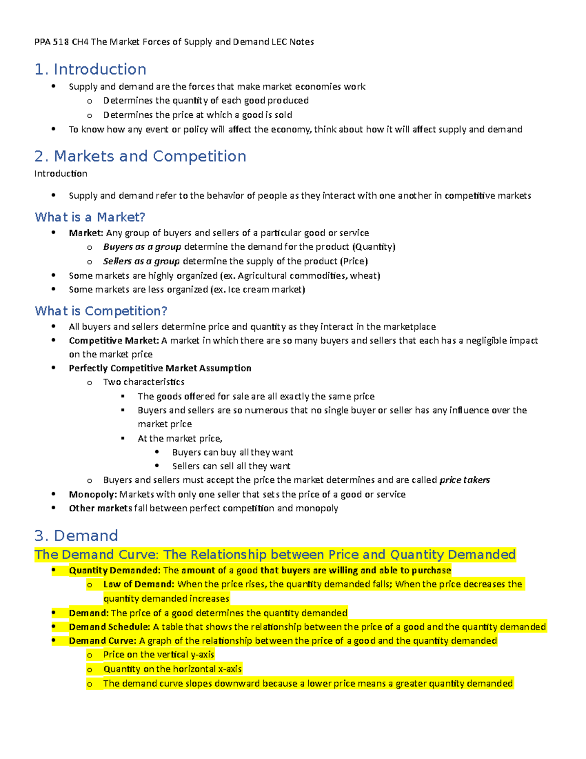 PPA 518 CH4 The Market Forces of Supply and Demand LEC Notes ...