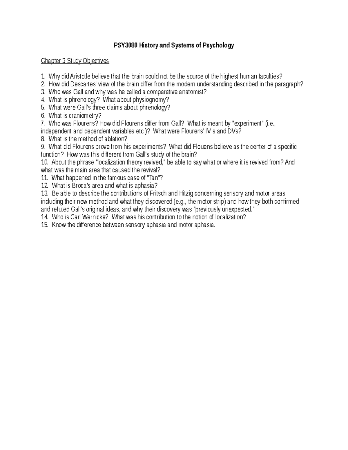 PSY3080 Chapter 3 Study Objectives on History and Systems of Psychology ...