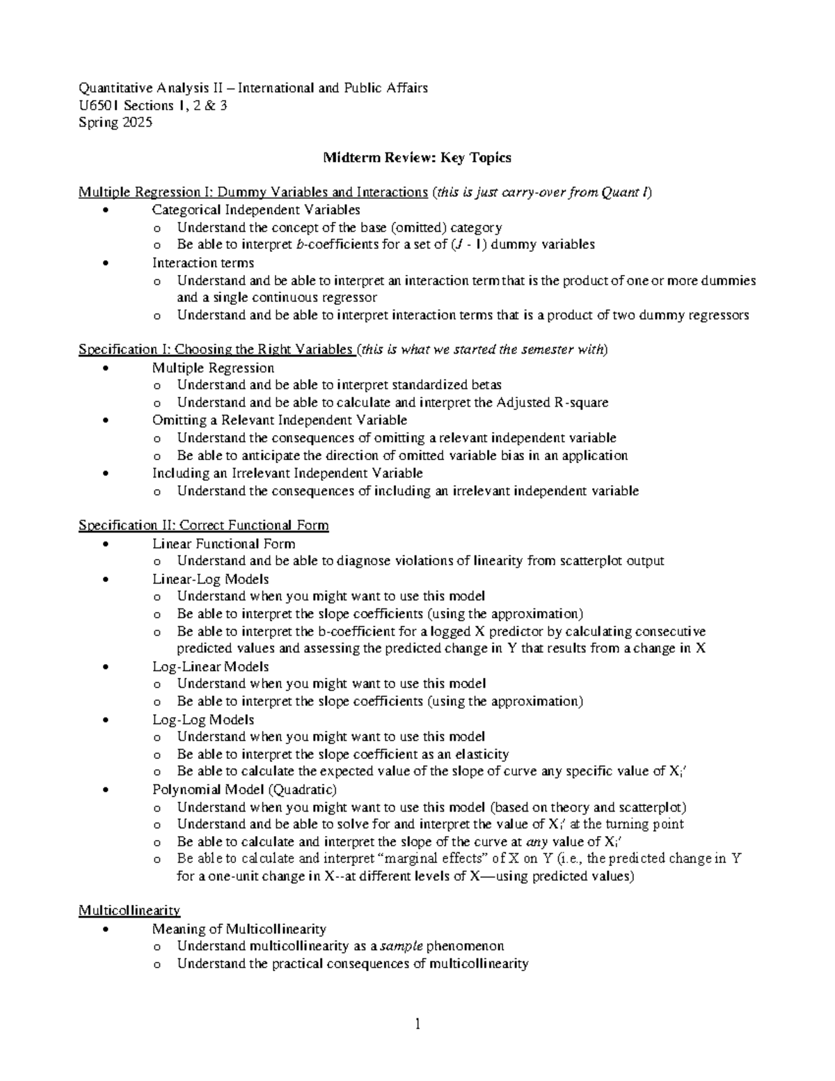 Midterm Review: Key Topics in Quantitative Analysis II - U6501 - 1 ...