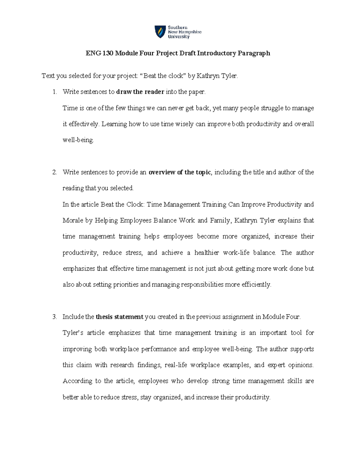 ENG 130 Module 4 Project Draft: Intro Paragraph on Time Management ...