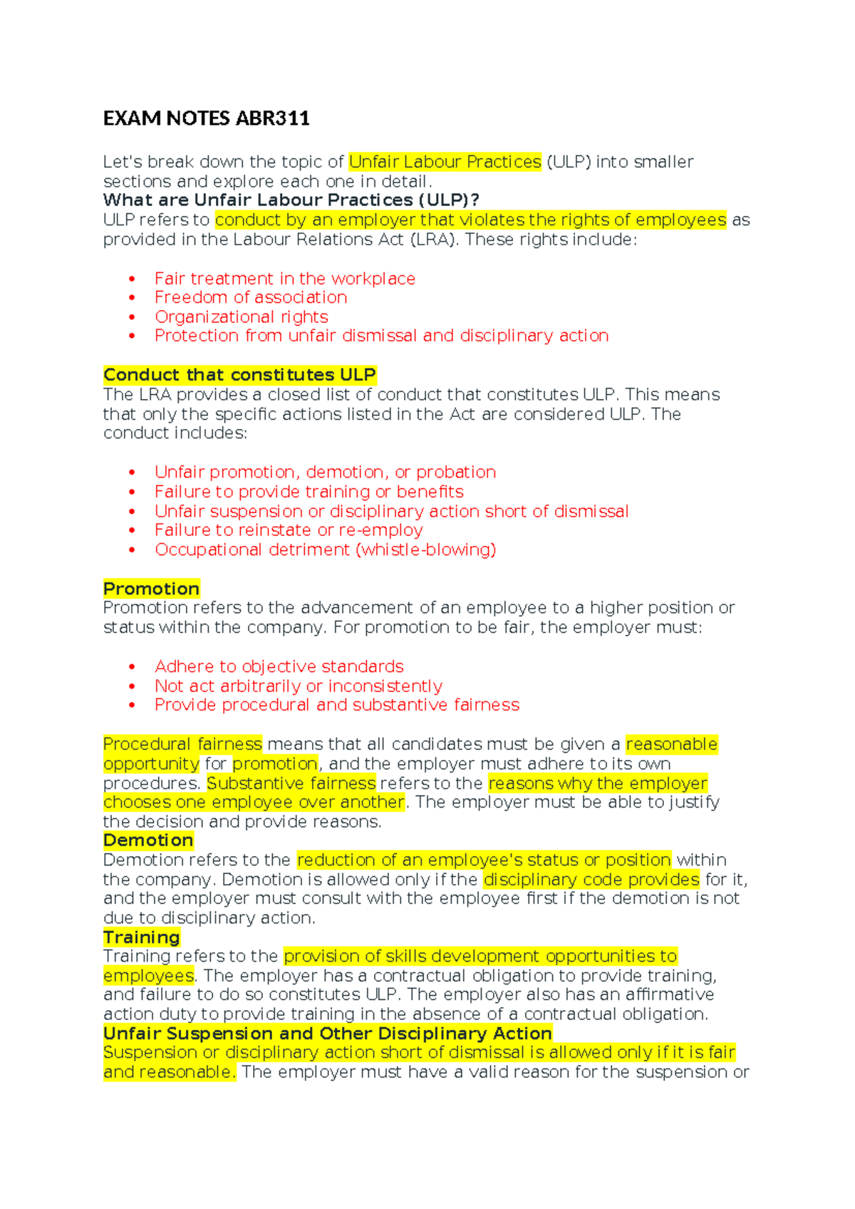 Unfair Labour Practices: Exam Notes for ABR311 Preparation - Studocu