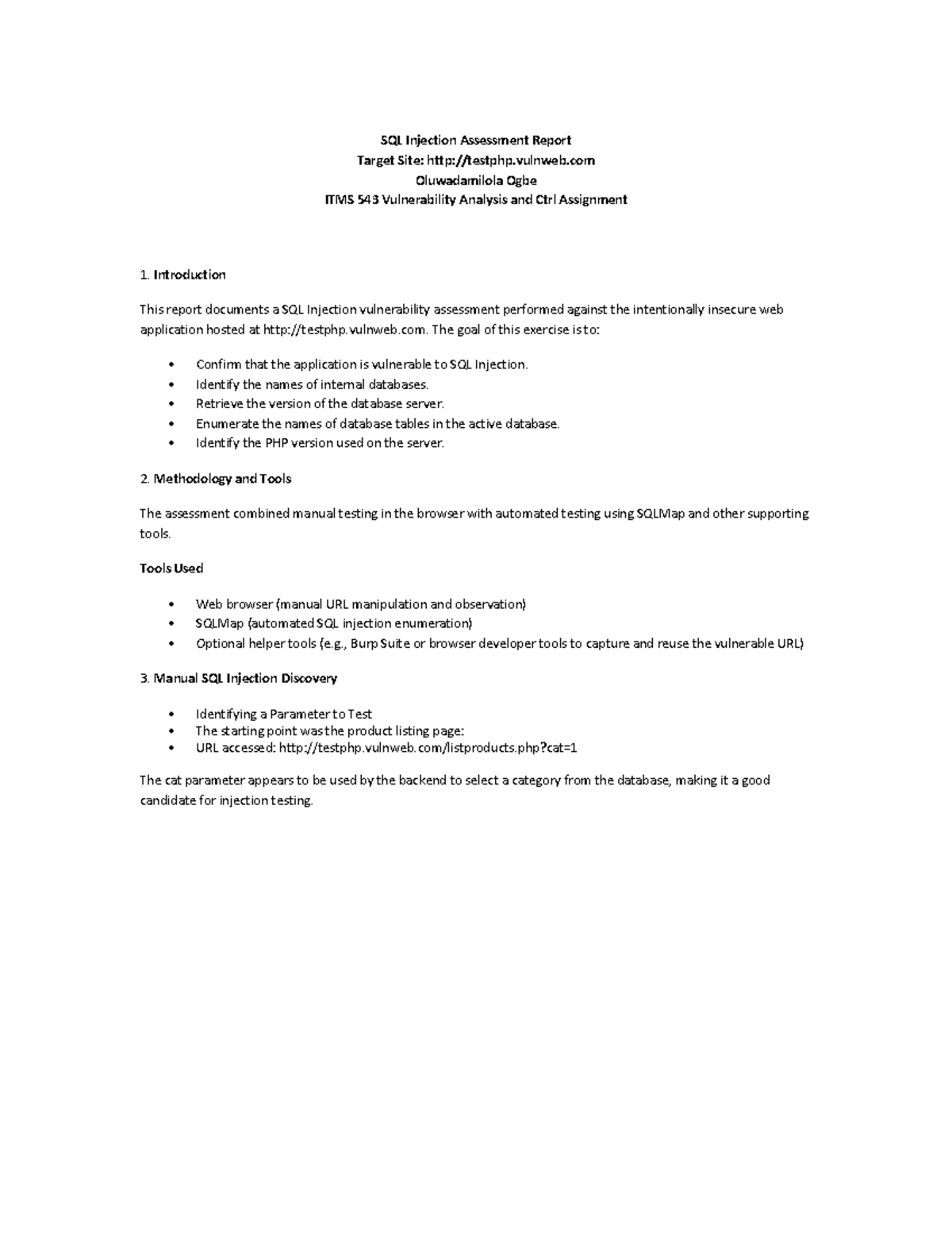 SQL Injection Vulnerability Assessment Report - ITMS 543 - Studocu
