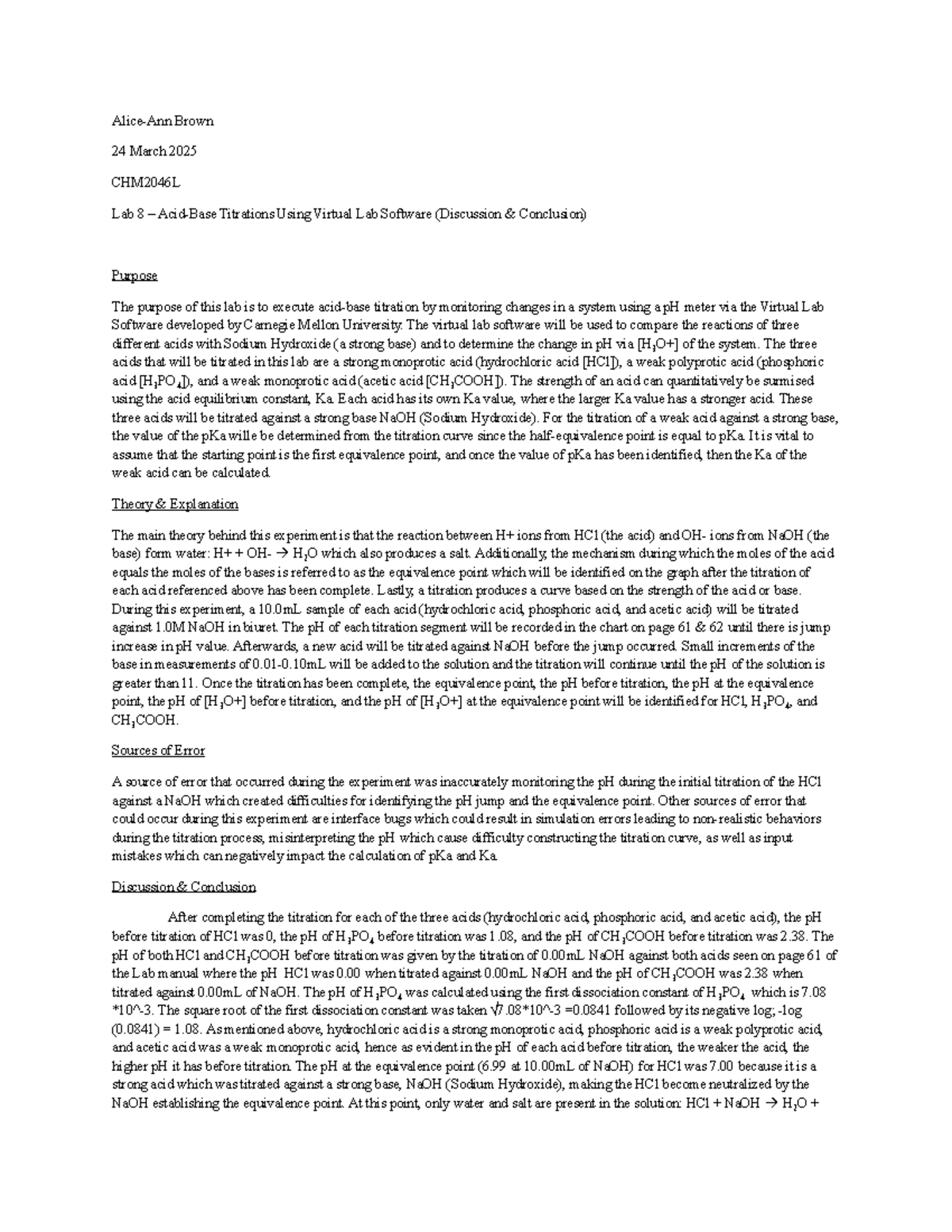 Lab 8 - Acid-Base Titrations Using Virtual Lab Software (Discussion ...
