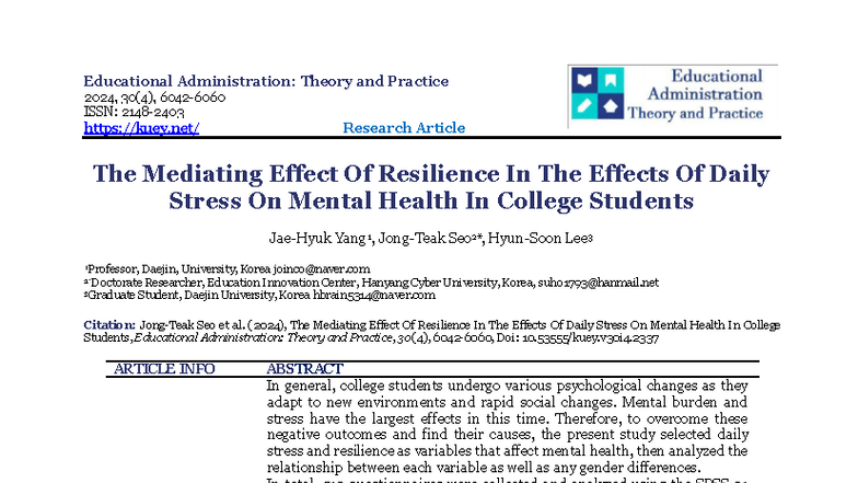 The Mediating Effect of Resilience on Daily Stress and Mental Health in ...