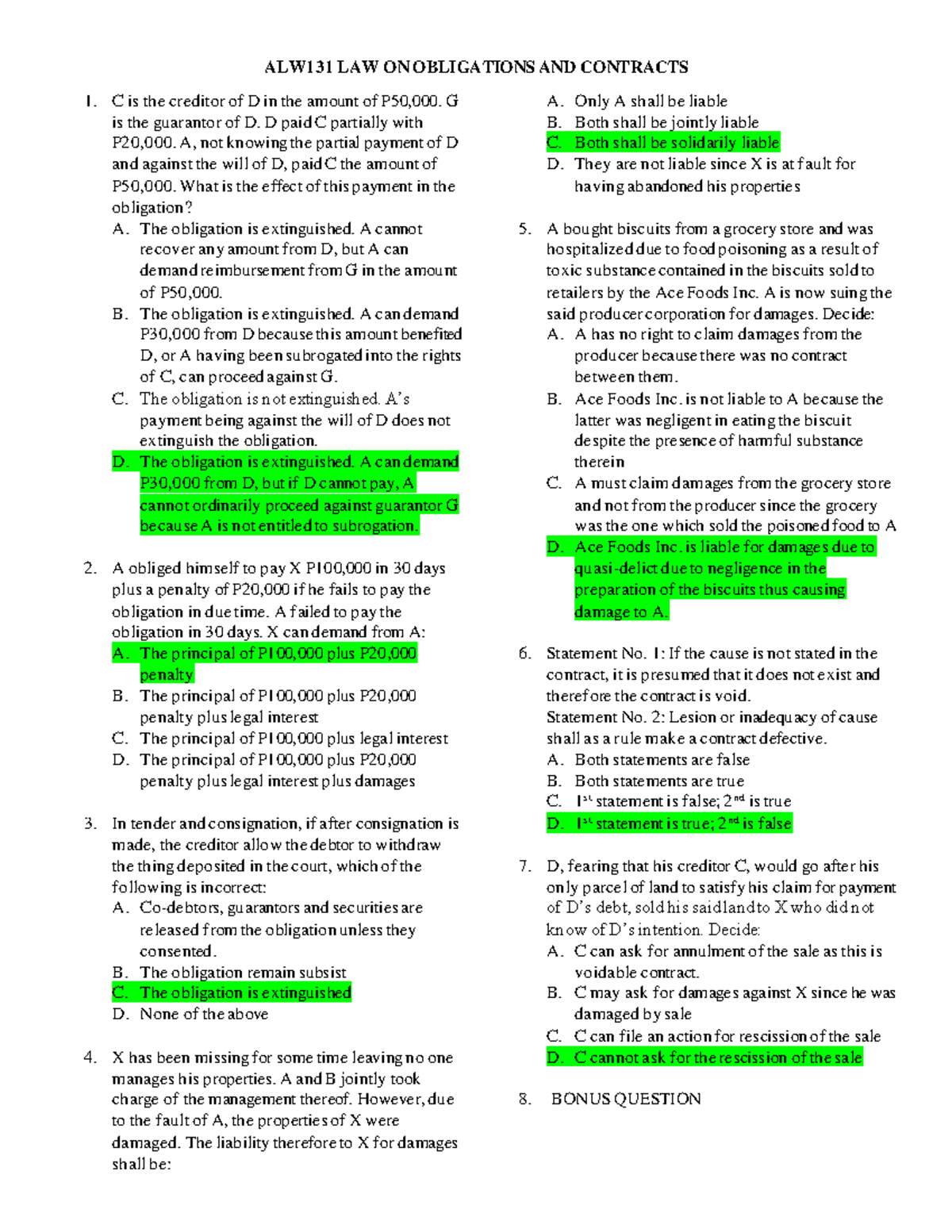 Obligations and Contracts Test Bank - Oblicon TB Study Guide - Studocu