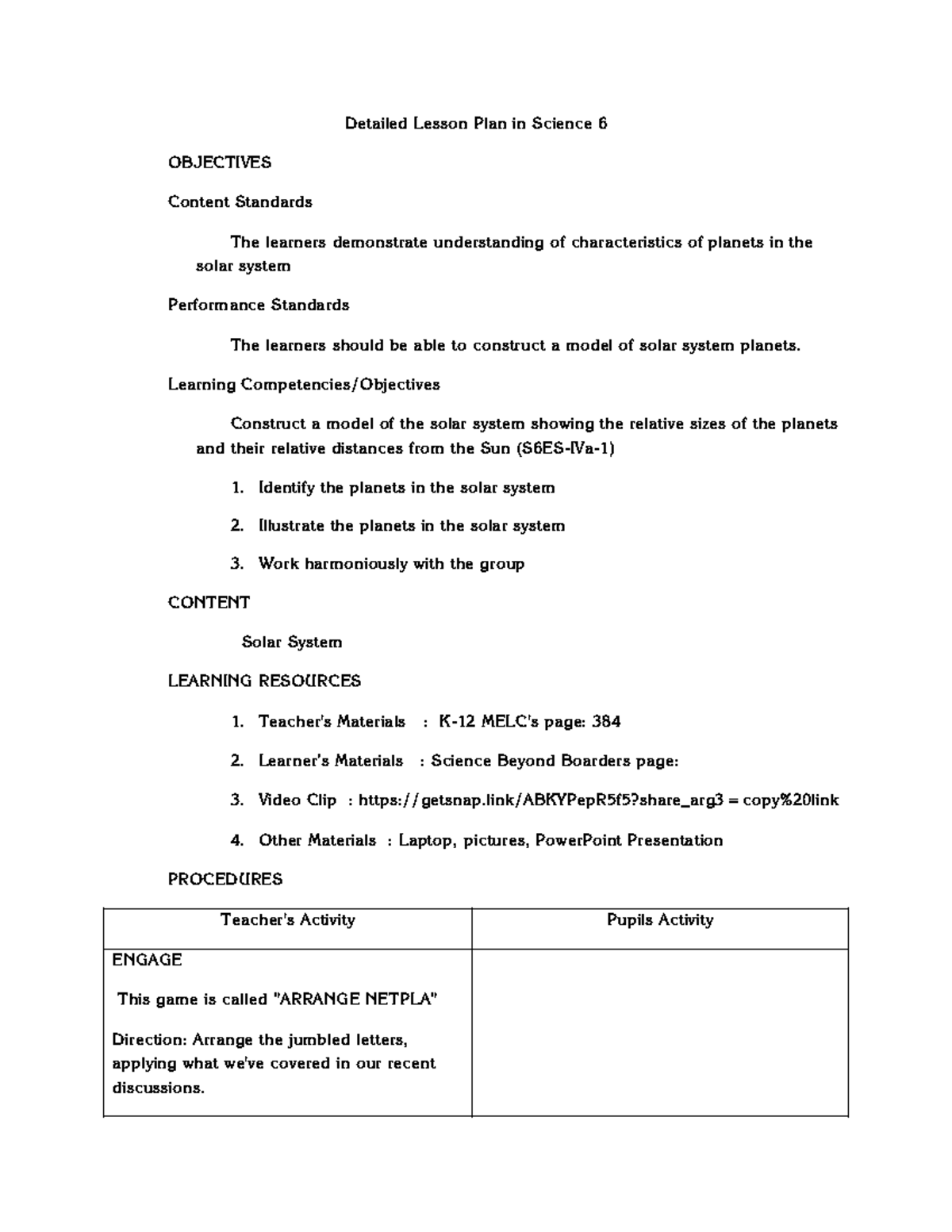 Science 6 Lesson Plan: Creating a Solar System Model for Q4 - Studocu