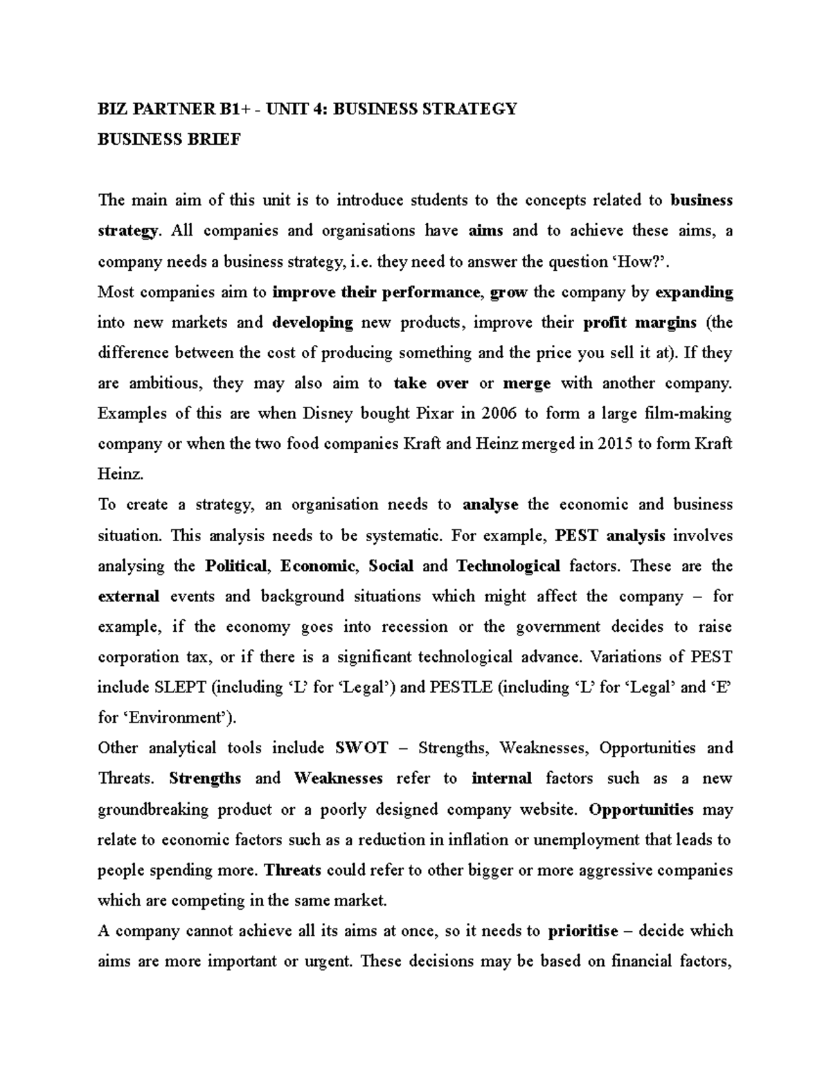 BIZ Partner B1+ U4: Business Strategy Overview and Analysis - Studocu