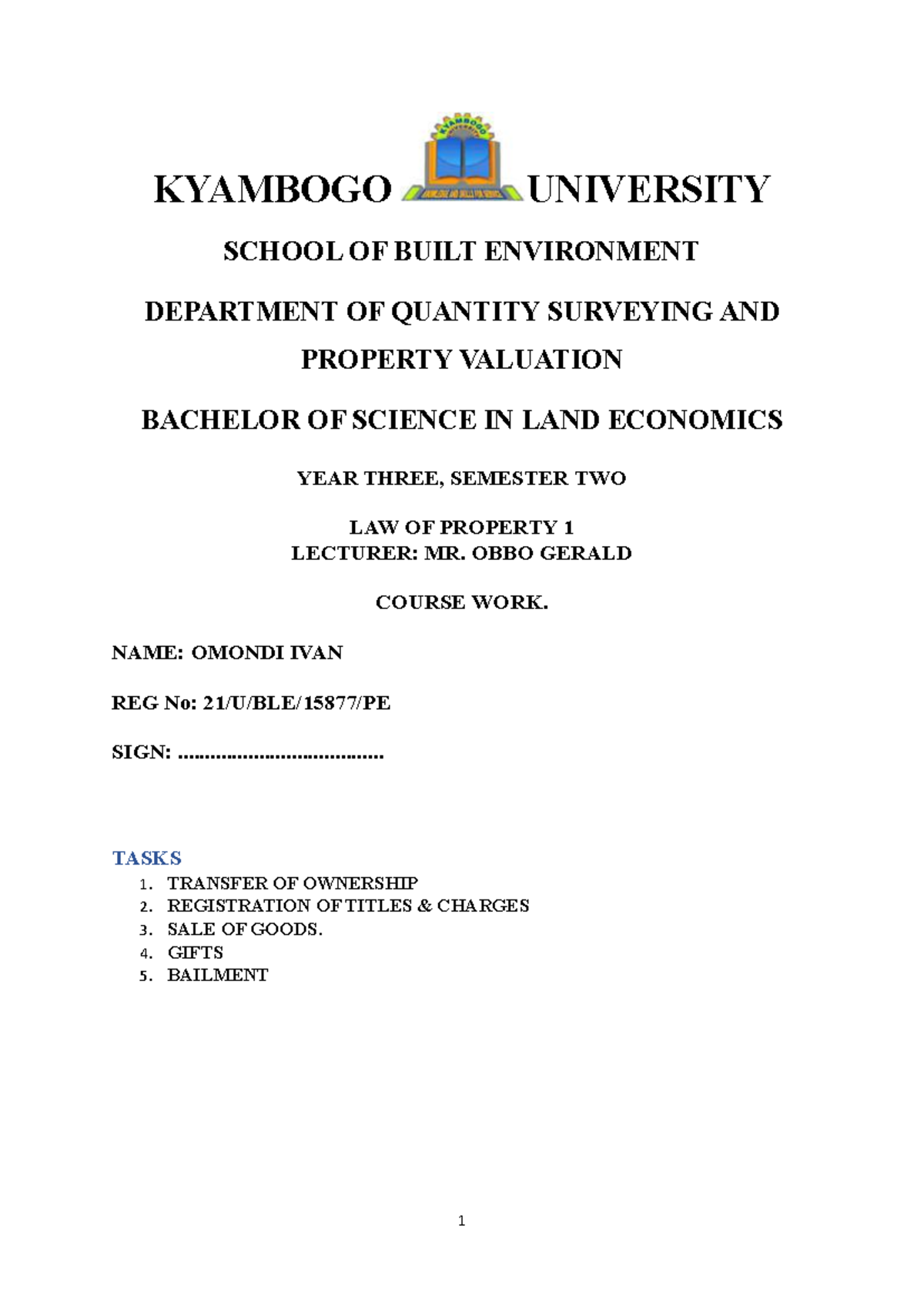 KYU BSc Land Economics Year 3 Sem 2 Property Law Notes by Obbo - Studocu