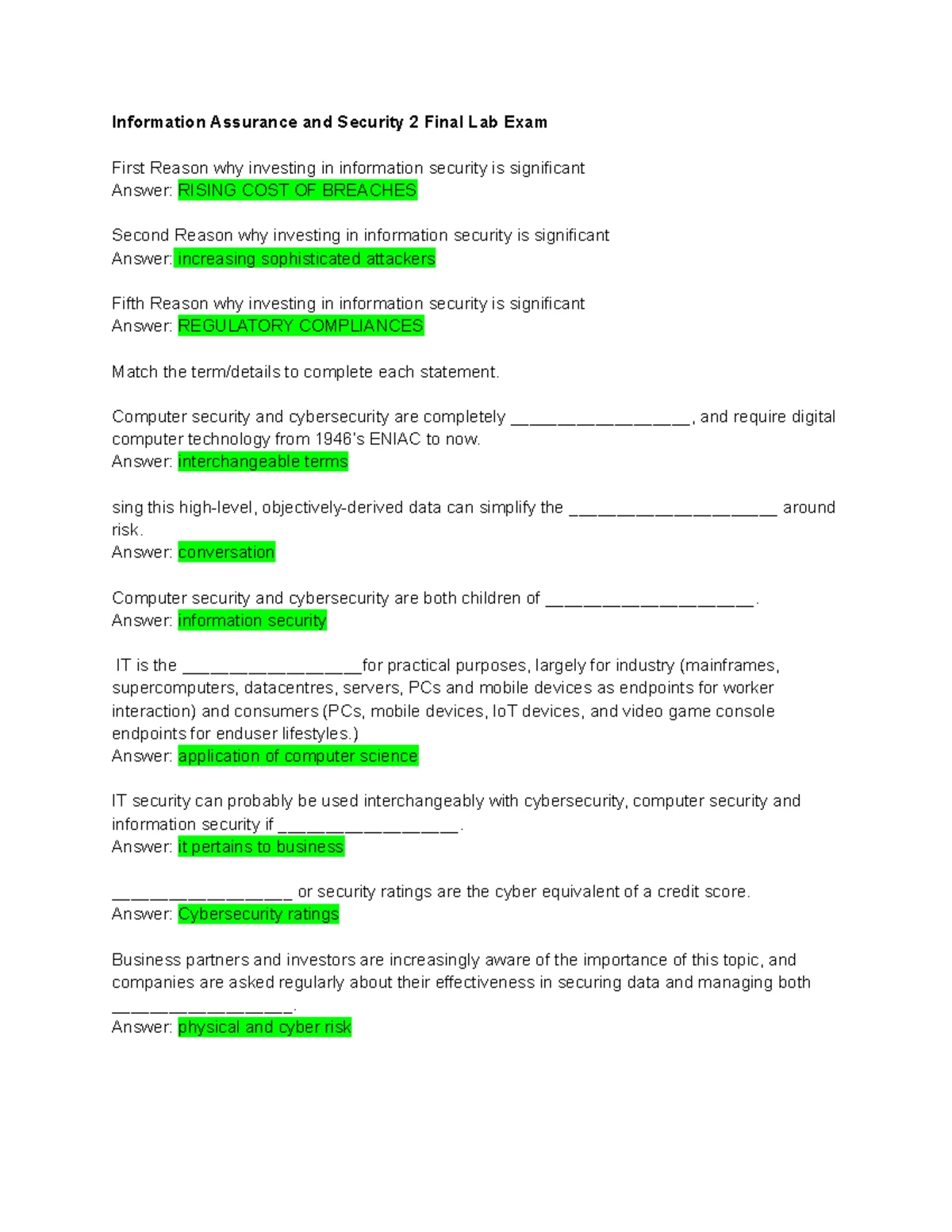 Information Assurance and Security 2 Final Exam - Computer security and ...