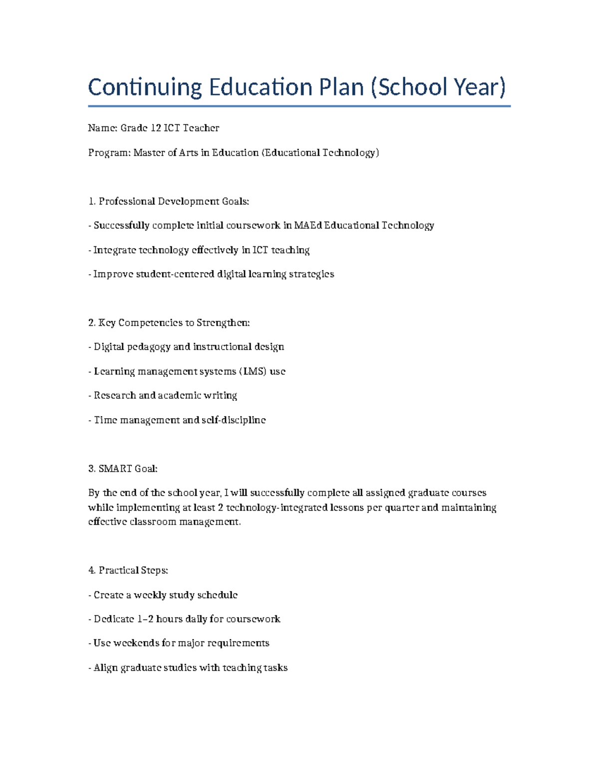 Continuing Education Plan for MAEd in Educational Technology - Studocu