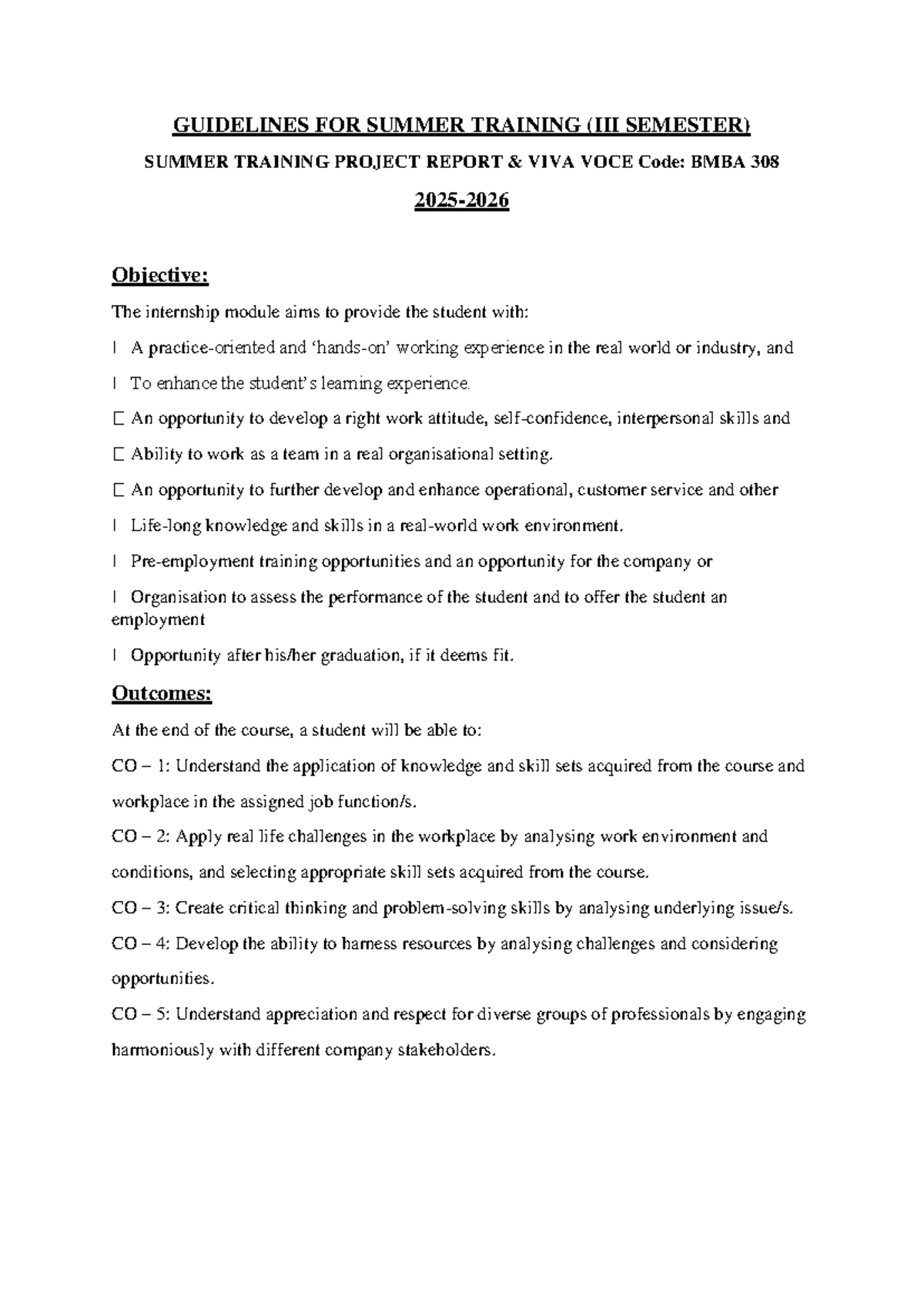 Guidelines for Summer Training Project Report - BMBA 308 - Studocu
