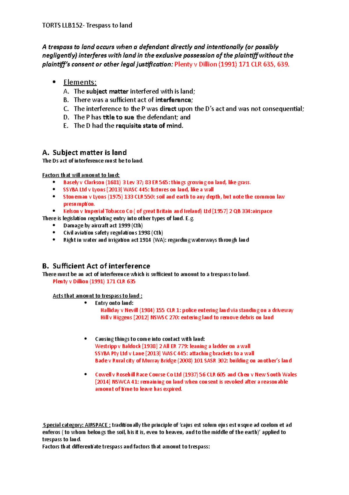 Tort Law Notes: Key Elements of Trespass to Land - Studocu