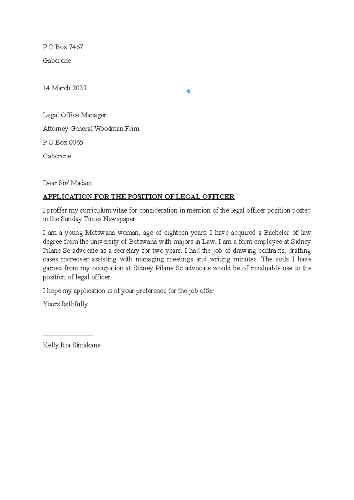 Application Letter for Legal Officer Position - Gaborone - Studocu