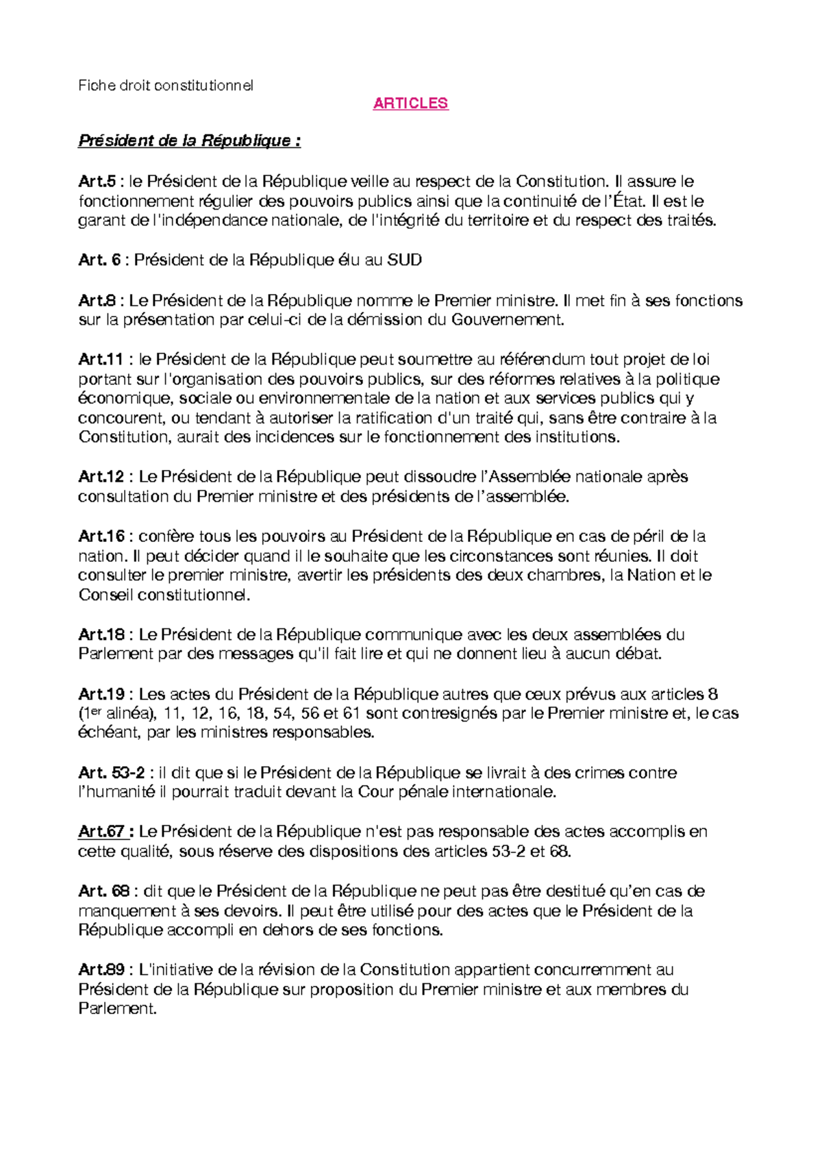 Fiche Droit Constitutionnel : Articles sur le Président de la ...