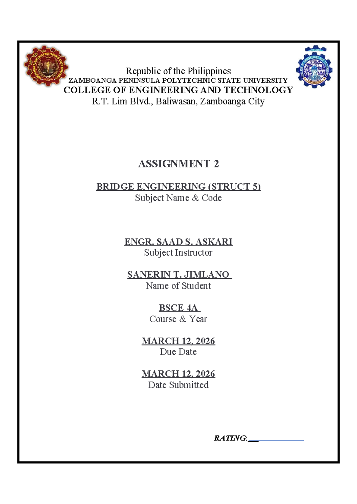 Assignment 2 Cover Page for Bridge Engineering (STRUCT 5) - Studocu
