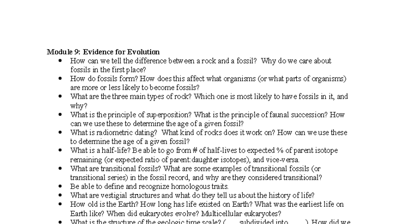 Bio 101: Module 9 - Evidence for Evolution and Fossil Formation - Studocu