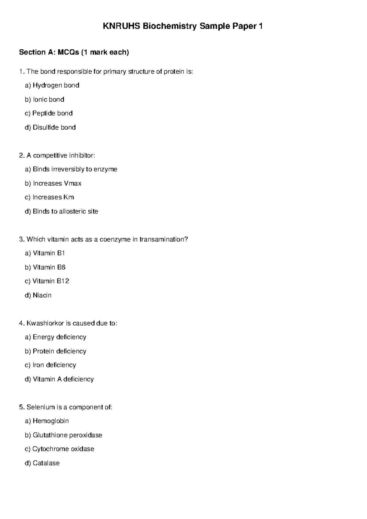 KNRUHS Biochemistry Sample Paper 1: MCQs and Key Concepts - Studocu