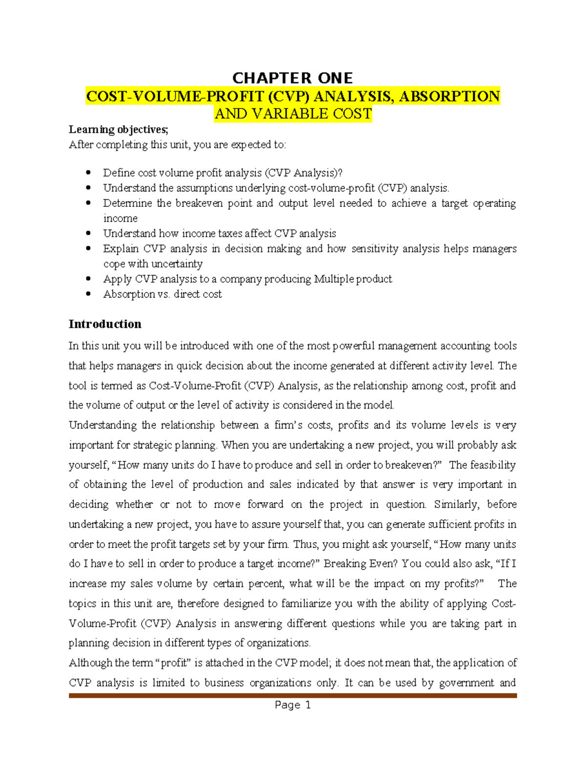 COST II Chapter 1: Understanding Cost-Volume-Profit Analysis - Studocu