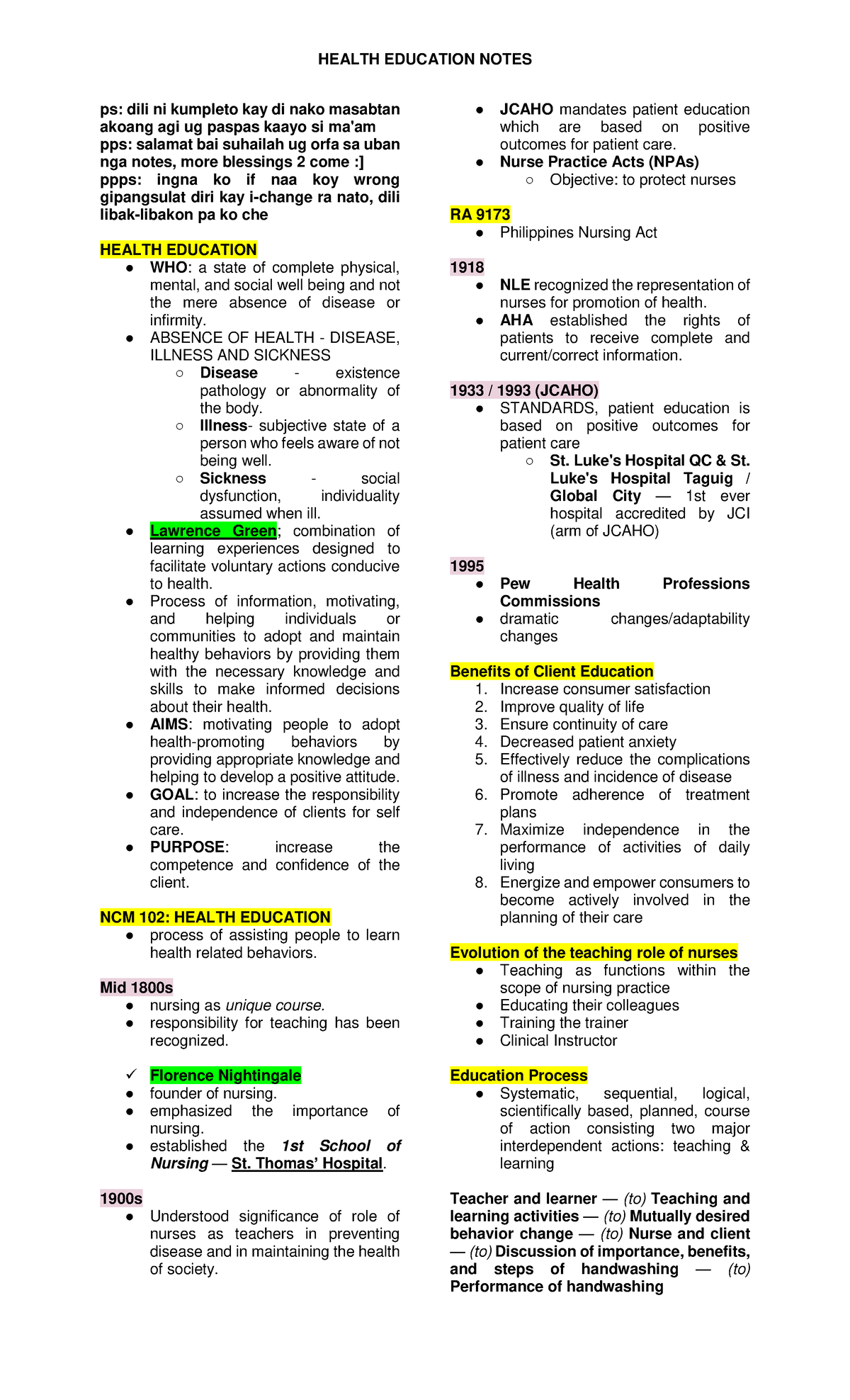 HE1: Comprehensive Health Education Notes and Learning Theories - Studocu