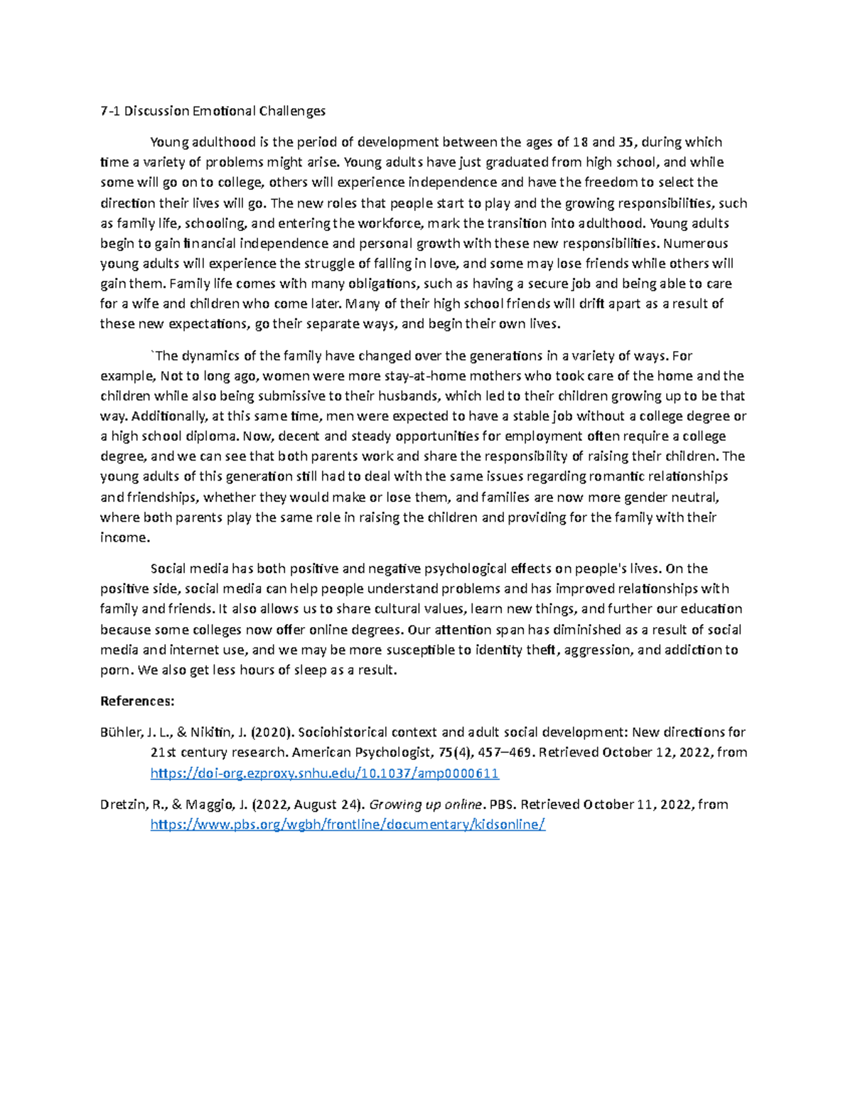 PSY 322 7-1 Discussion on Emotional Challenges in Young Adulthood - Studocu