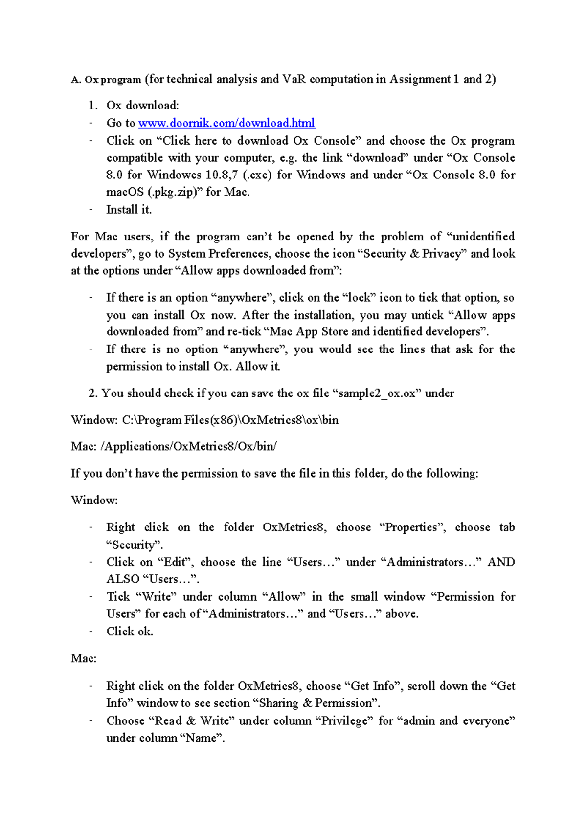 Ox Program Installation Guide for Technical Analysis (Assignment 1 & 2 ...