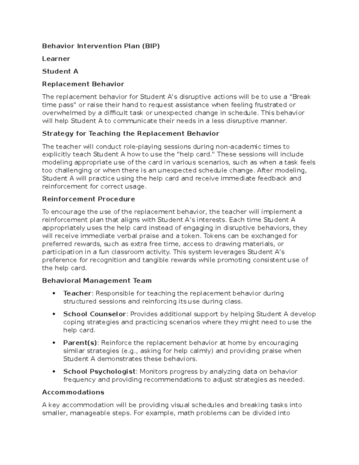 Task 1: Behavior Intervention Plan (BIP) for Student A's Sensory Tool ...