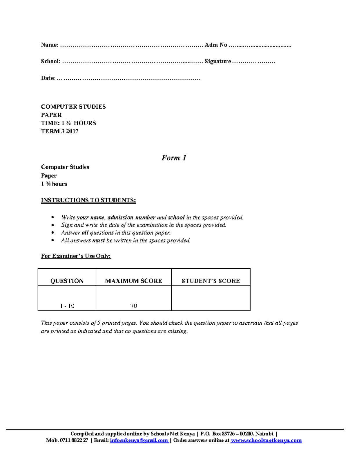 Computer Studies Paper 1 - Form 1 Term 3 2017 Exam Guide - Studocu