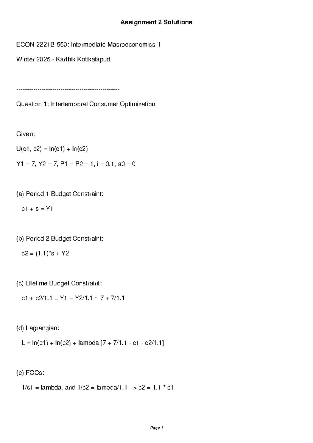 Final Assignment Solutions for ECON 202: Intermediate Macroeconomics II ...