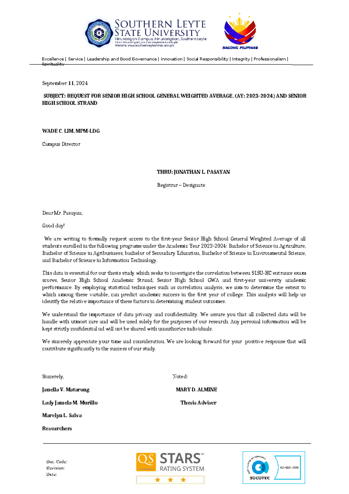 SLSU Request for Access to SHS GWA & Entrance Exam Results (AY 2023 ...