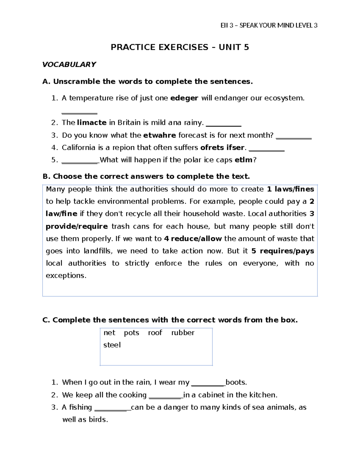 EII 3 Speak Your Mind Level 3 Unit 5 Vocabulary Practice Exercises ...