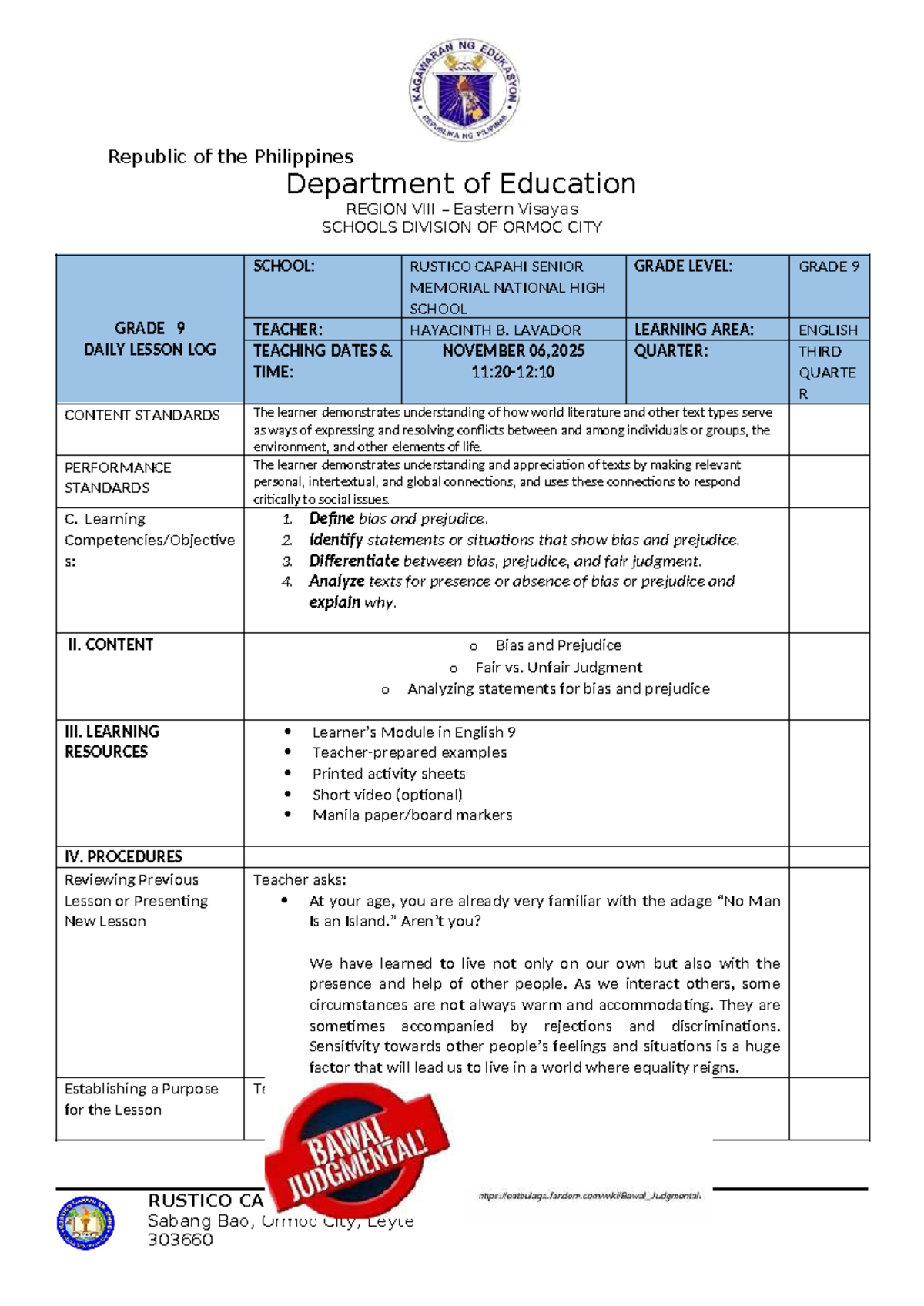 Grade 9 English Daily Lesson Log: Bias and Prejudice Analysis - Studocu