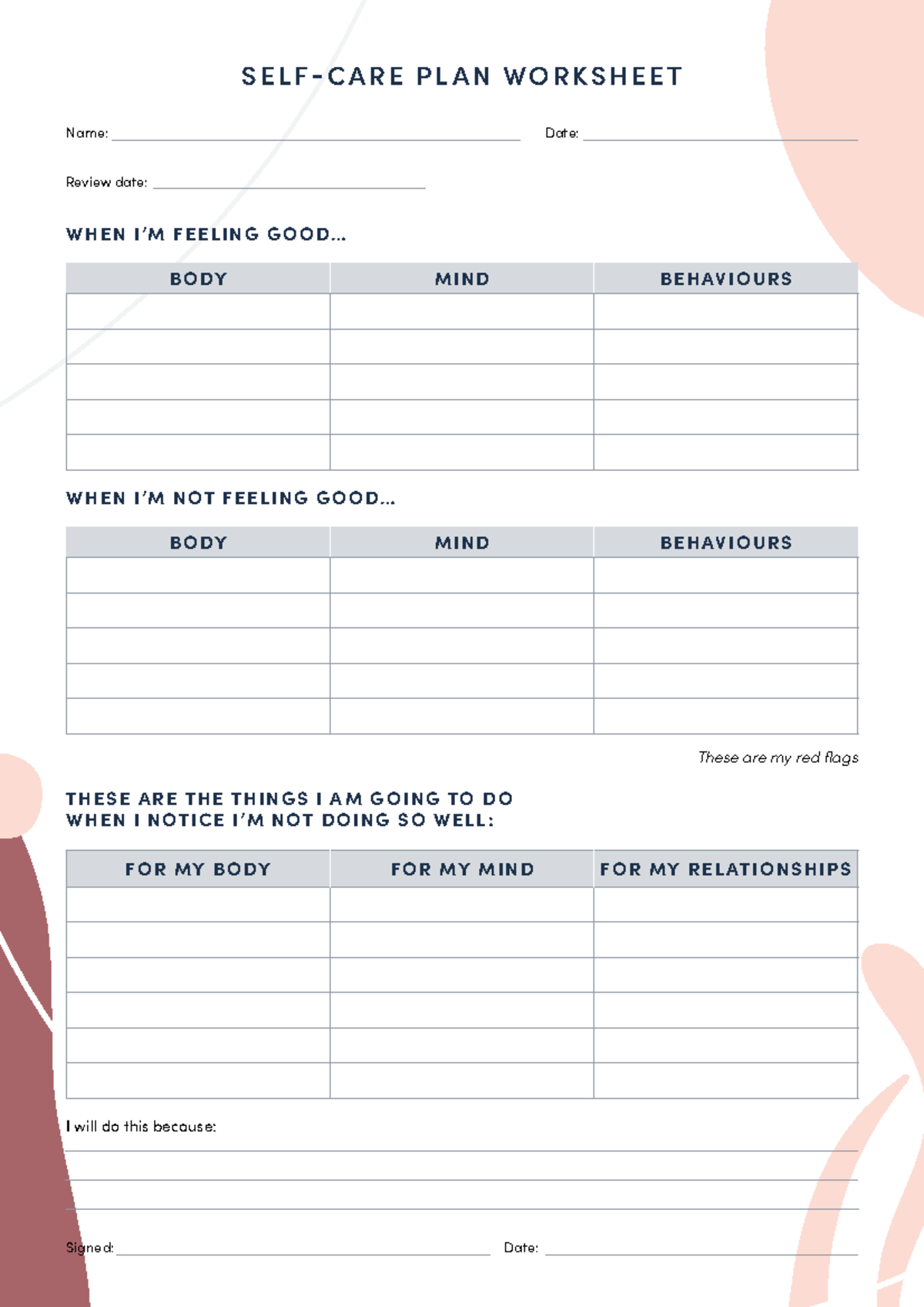 Self Care Plan Worksheet: Strategies for Mind and Body Well-being - Studocu