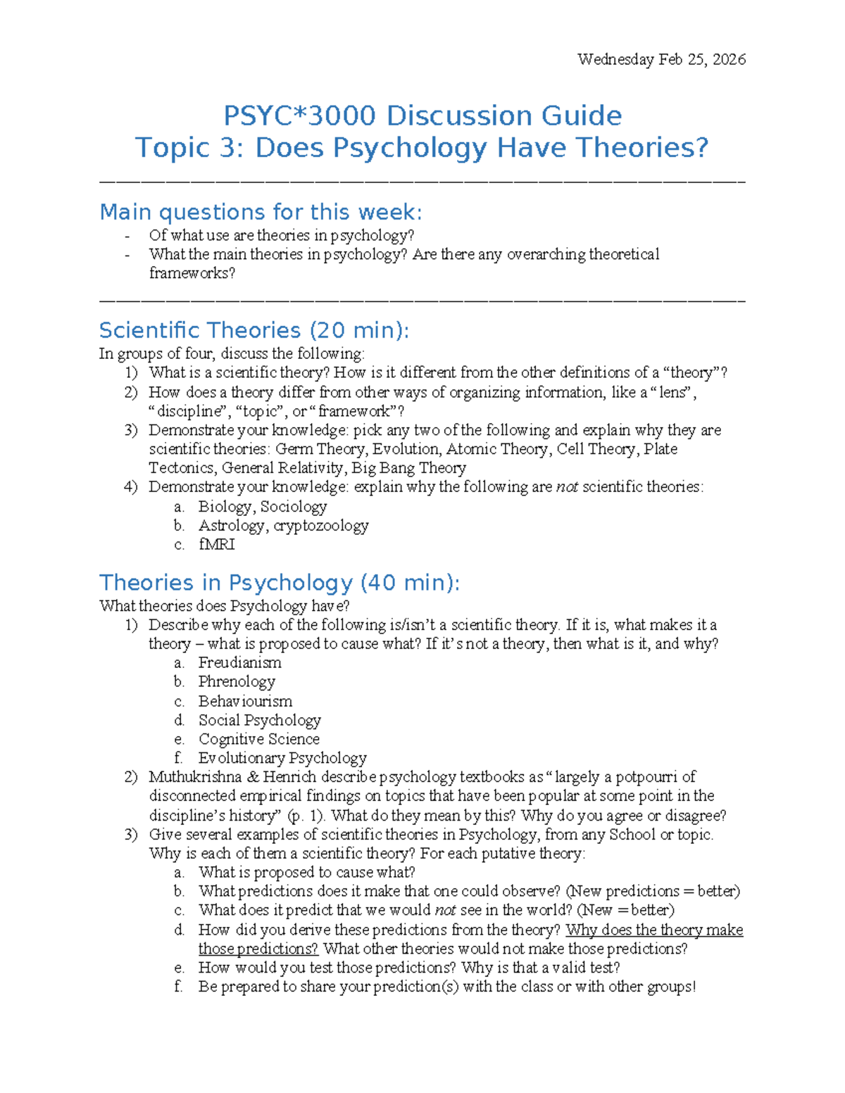 PSY 101: Discussion Guide on Theories in Psychology - Feb 25, 2026 ...