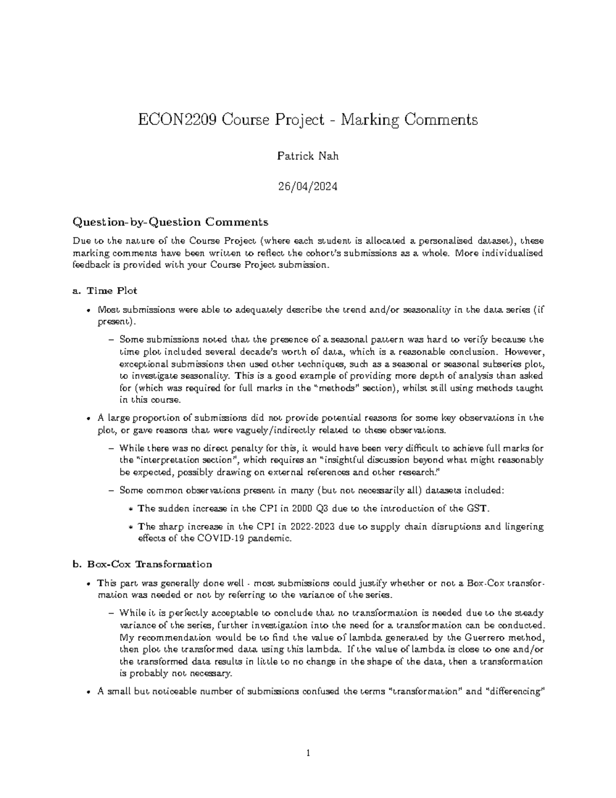 ECON2209 Course Project: Marking Comments and Feedback Summary - Studocu