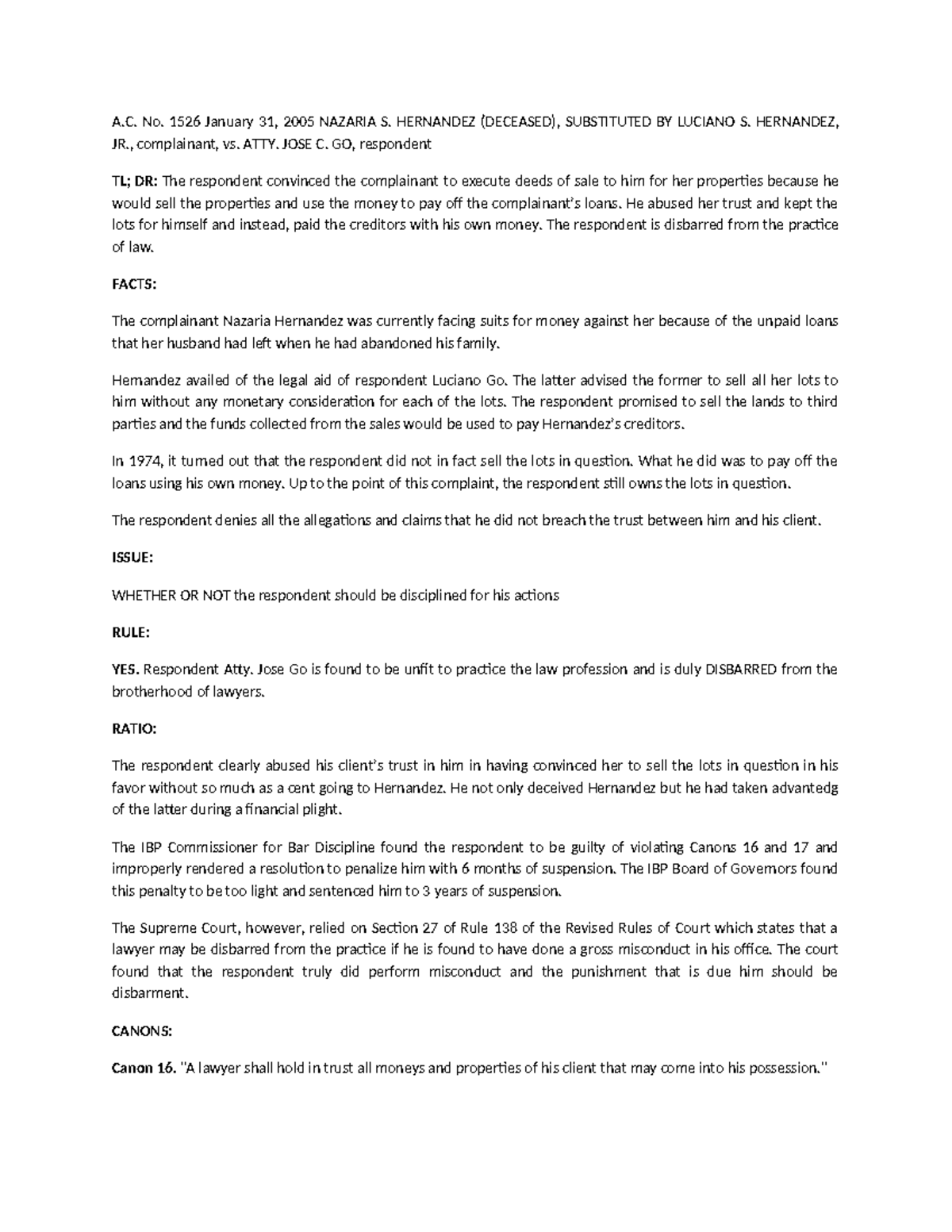 Hernandez v Go Digest: Disbarment for Misconduct in Legal Practice ...