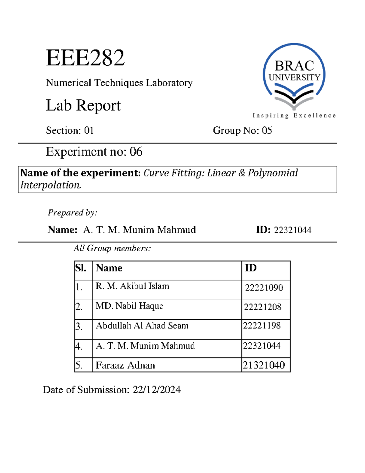 EEE282 Sec1 Group 5 Exp6 Munim Mahmud 22321044 - EEE Numerical ...