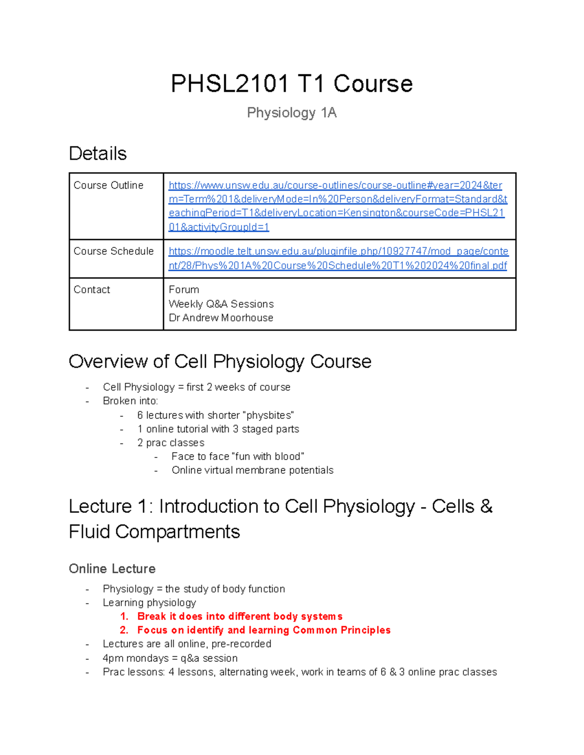 PHSL2101 Term 1 Physiology 1A Lecture & Course Notes - Document Preview