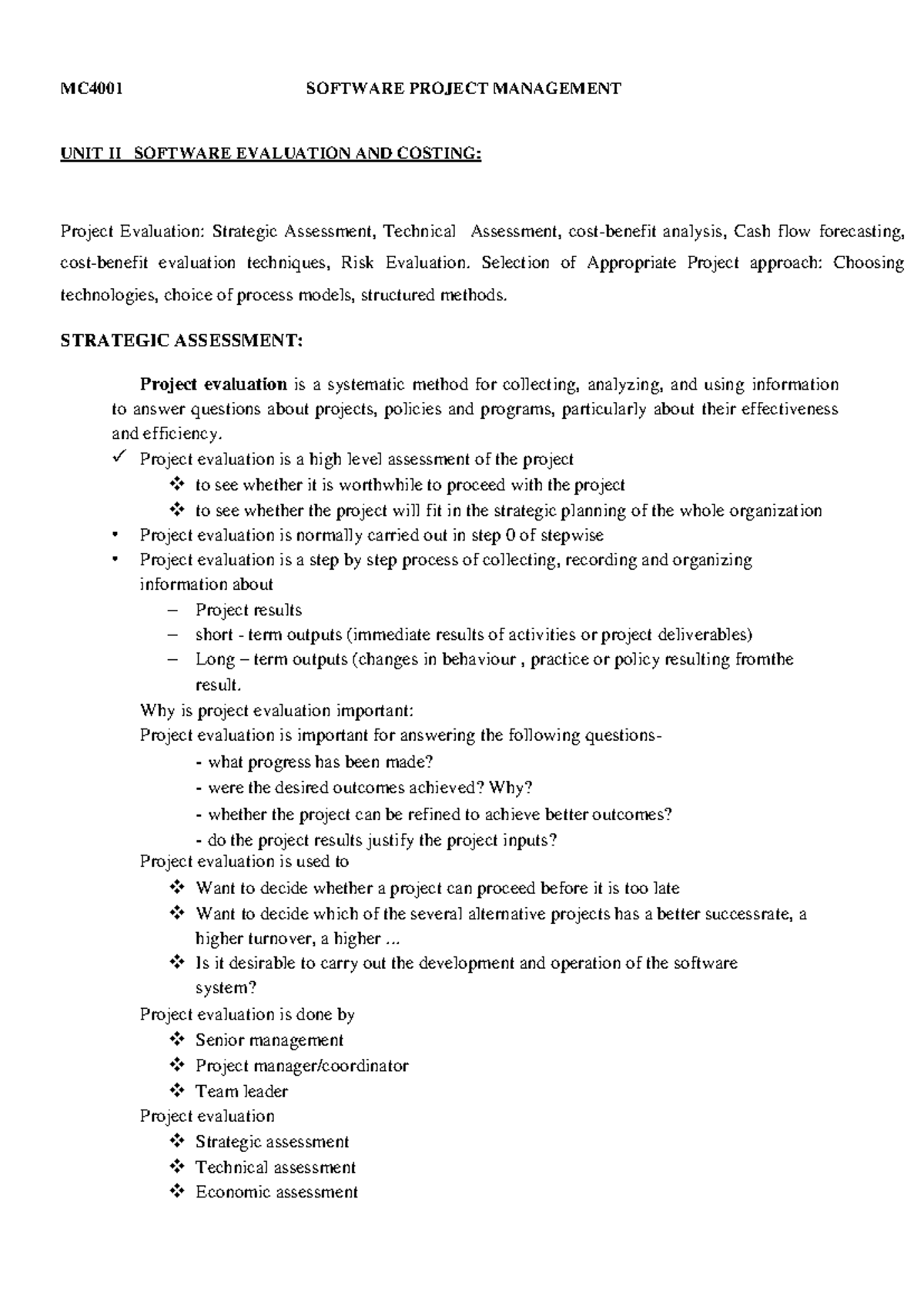 MC4001 SPM UNIT II: Software Evaluation & Costing Techniques - Studocu